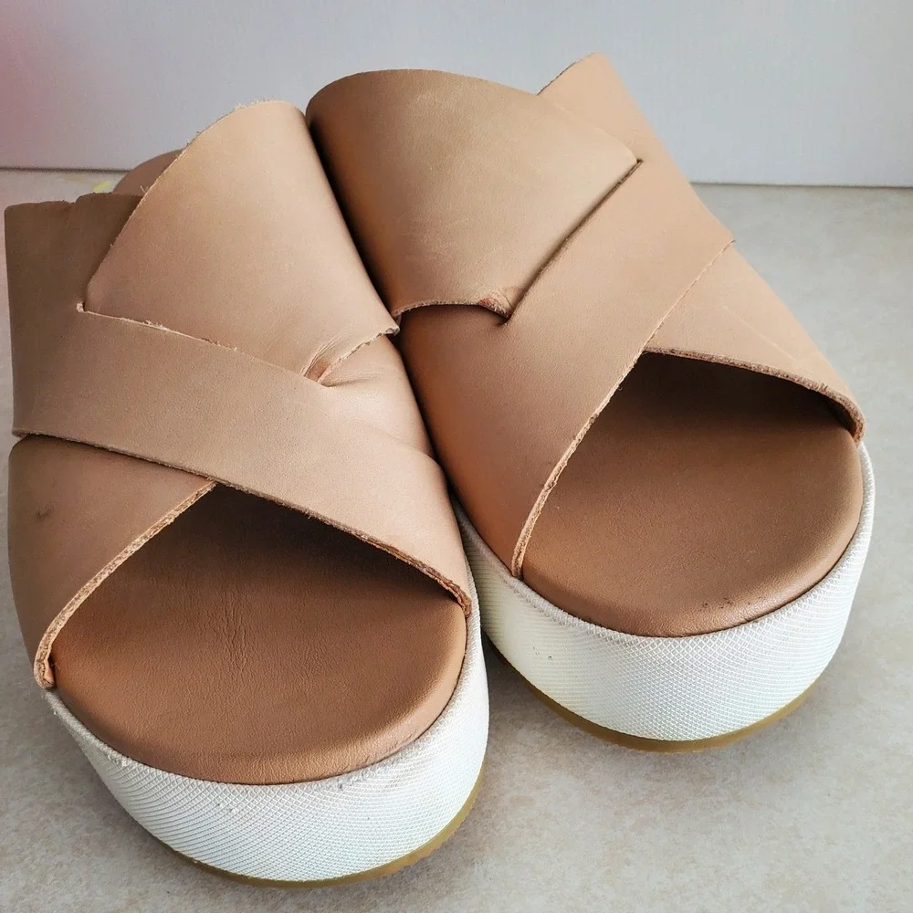 Sorel Cameron Flatform Sandal Tan Leather Cross Strap Platform Comfort Shoes